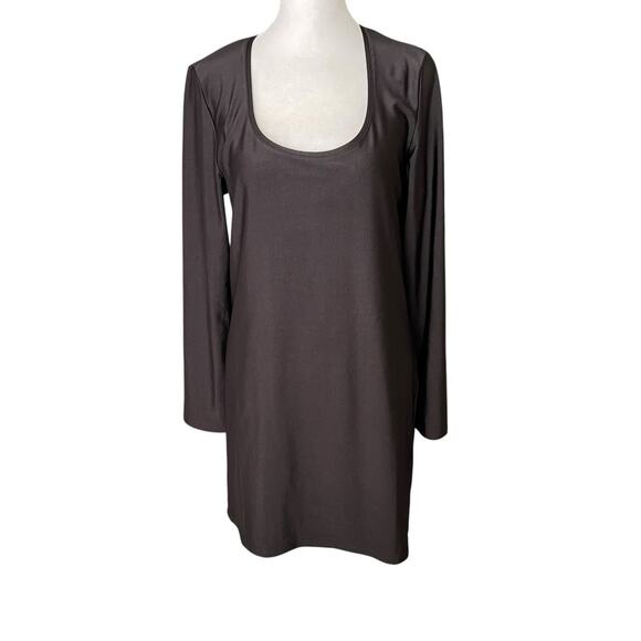 H&M Womens Large Mini Dress Long Sleeve Scoop Neck Stretch Shiny Black NWT - Picture 1 of 6